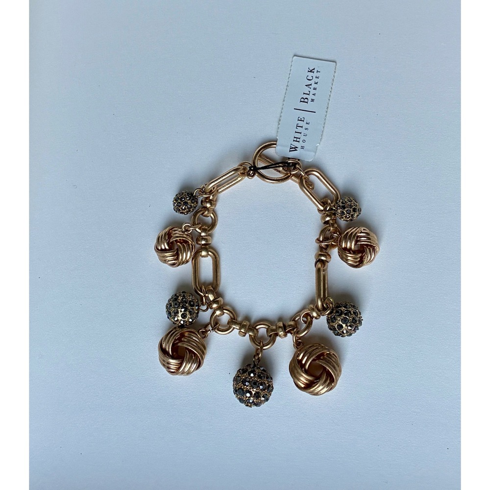 WHBM Gold Tone Charm Bracelet Black Crystal Pave Knot Charms Toggle Clasp View 3